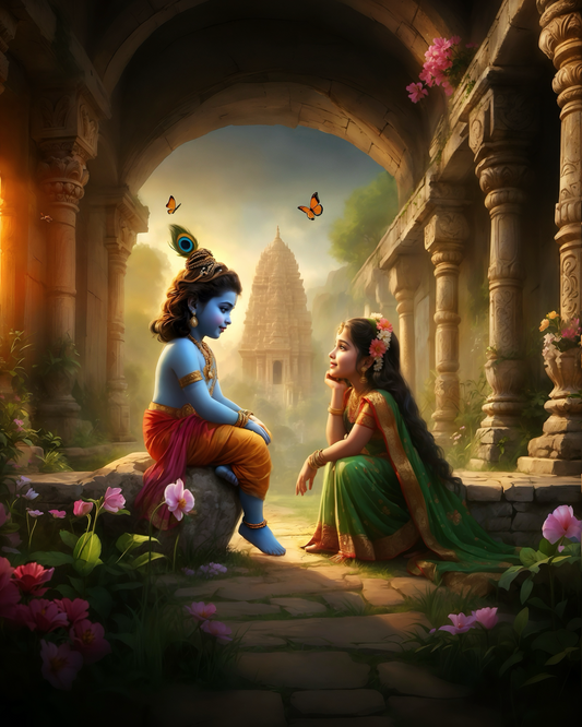Krishna & Radha in Secret Temple Garden Conversation – Divine Stolen Moment Premium Digital Art Print