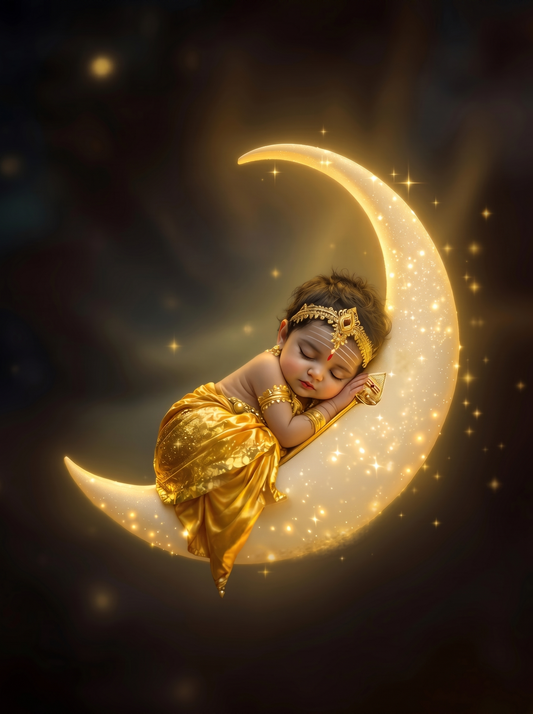 Baby Krishna Sleeping on Moon – Premium Digital Art Print