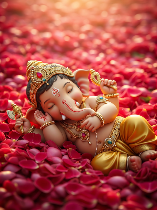 Baby Ganesha Sleeping on Rose Petals – Divine Bliss Premium Digital Art Print