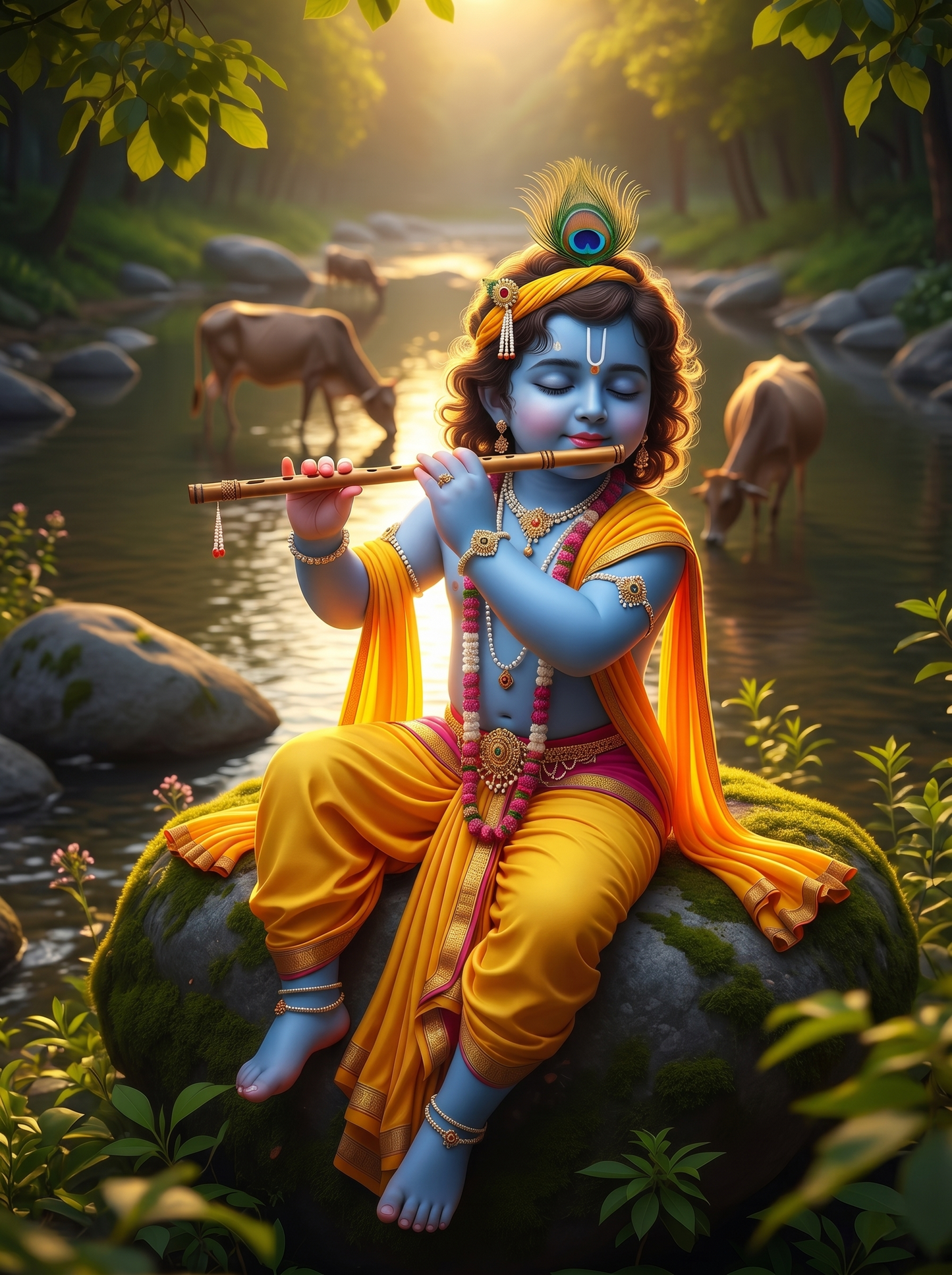 Baby Krishna Playing Flute by the River – Vrindavan Forest Premium Digital Art Print