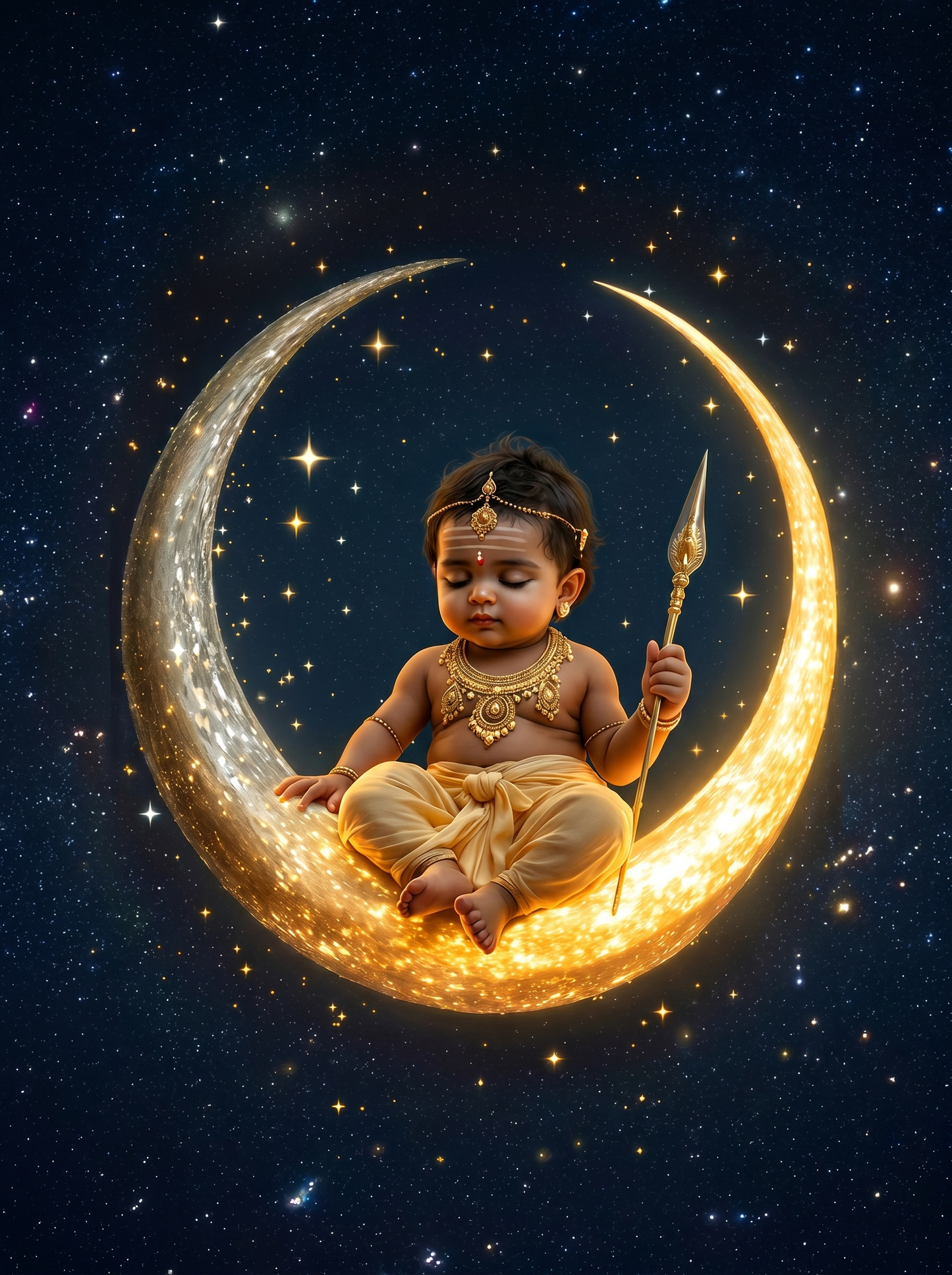 Baby Murugan on Glowing Crescent Moon – Celestial Divine Art Premium Digital Print