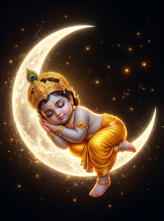 Baby Krishna Sleeping on Glowing Crescent Moon – Celestial Night Sky Premium Digital Art Print
