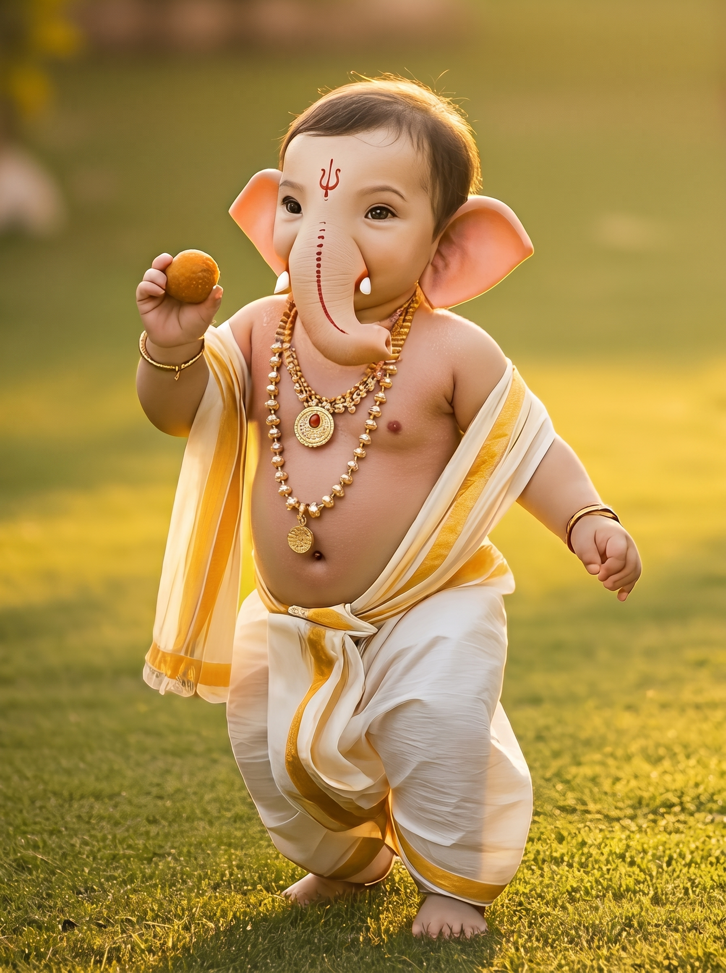 Cute Baby Ganesha Walking with Modak – Playful Divine Joy Premium Digital Art Print