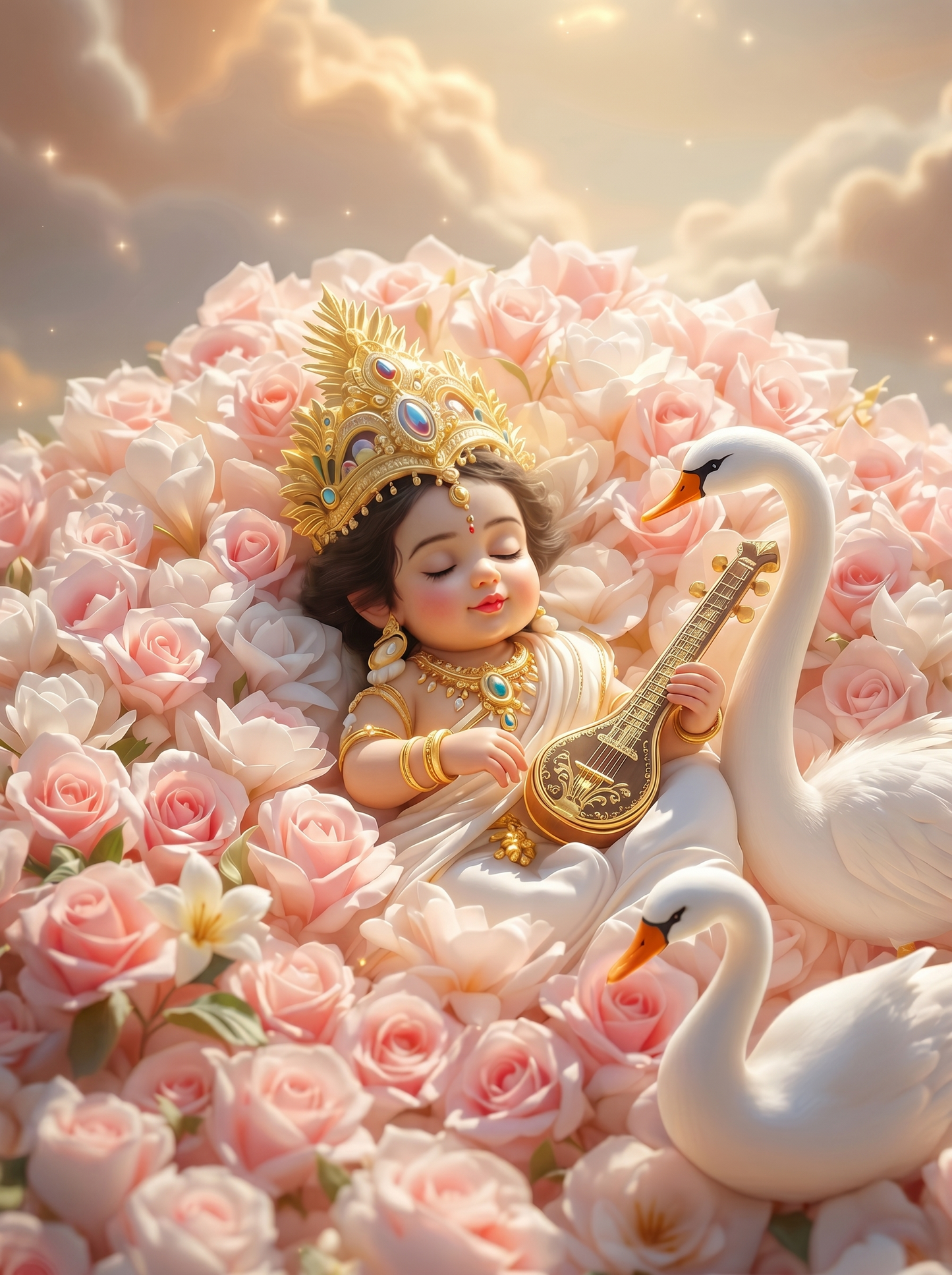 Baby Saraswati Sleeping on Pink Roses with Veena & Swans – Divine Wisdom Art Premium Digital Print