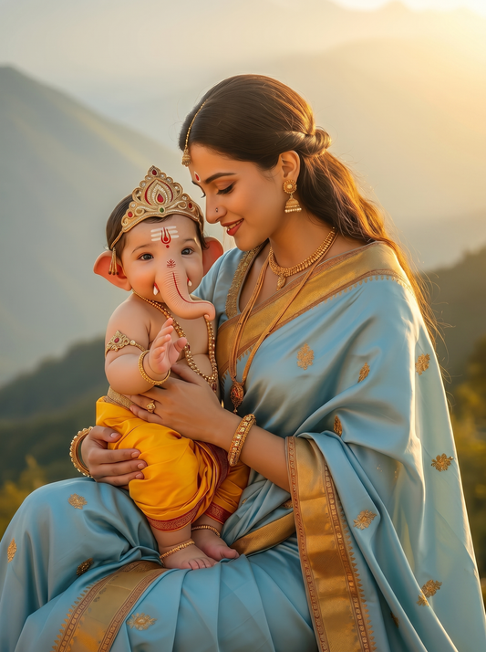 Parvati Holding Baby Ganesha – Divine Mother's Love Sunset Premium Digital Art Print