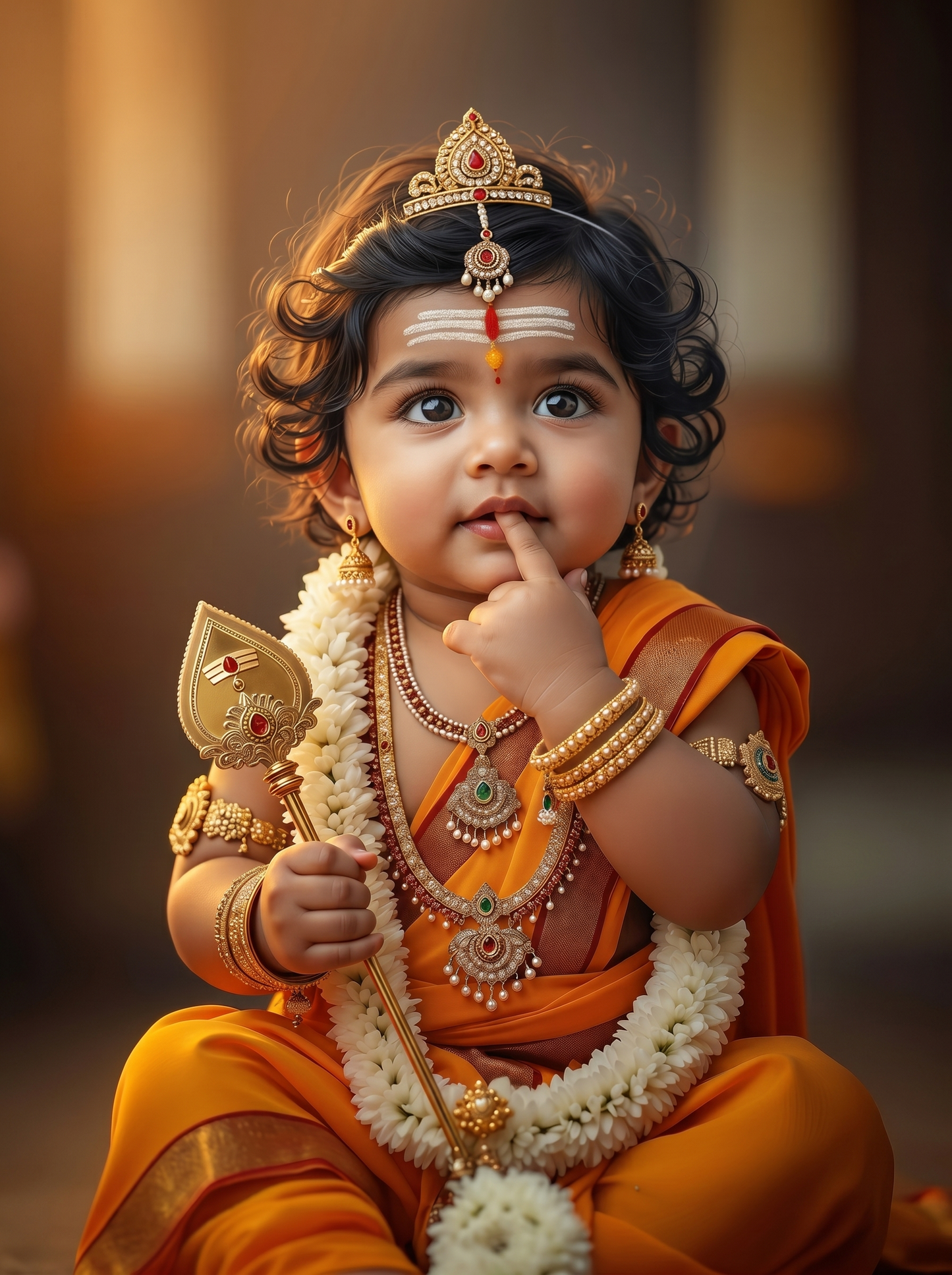 Adorable Baby Murugan in Thinking Pose with Vel & Jasmine Garland – Premium Digital Art Print
