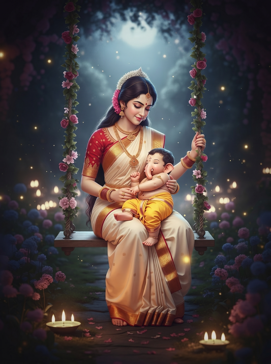 Parvati Cradling Sleeping Baby Ganesha on Floral Swing – Enchanted Moonlit Night Premium Digital Art Print