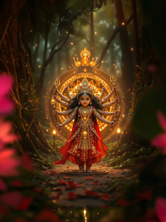 aby Goddess Durga with Eight Arms in Enchanted Forest – Divine Shakti Power Premium Digital Art Print