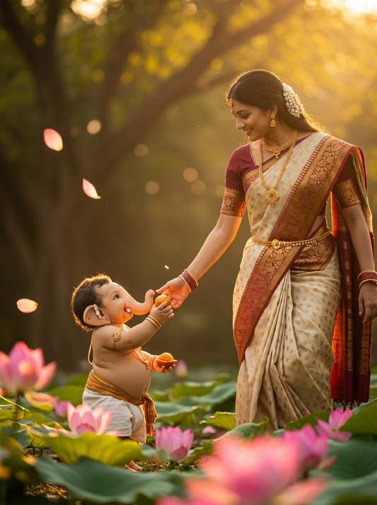 Parvati Offering Modak to Tiny Baby Ganesha in Lotus Garden – Golden Sunset Premium Digital Art Print
