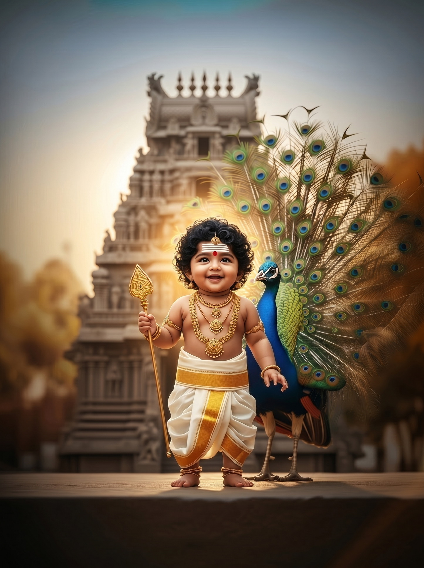 Baby Murugan Standing with Peacock Before South Indian Temple – Divine Smile Premium Digital Art Print