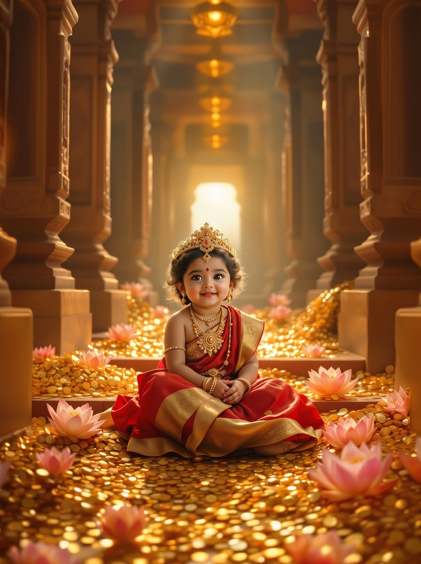Baby Goddess Lakshmi Sitting on Gold Coins in Temple – Divine Wealth & Prosperity Premium Digital Art Print