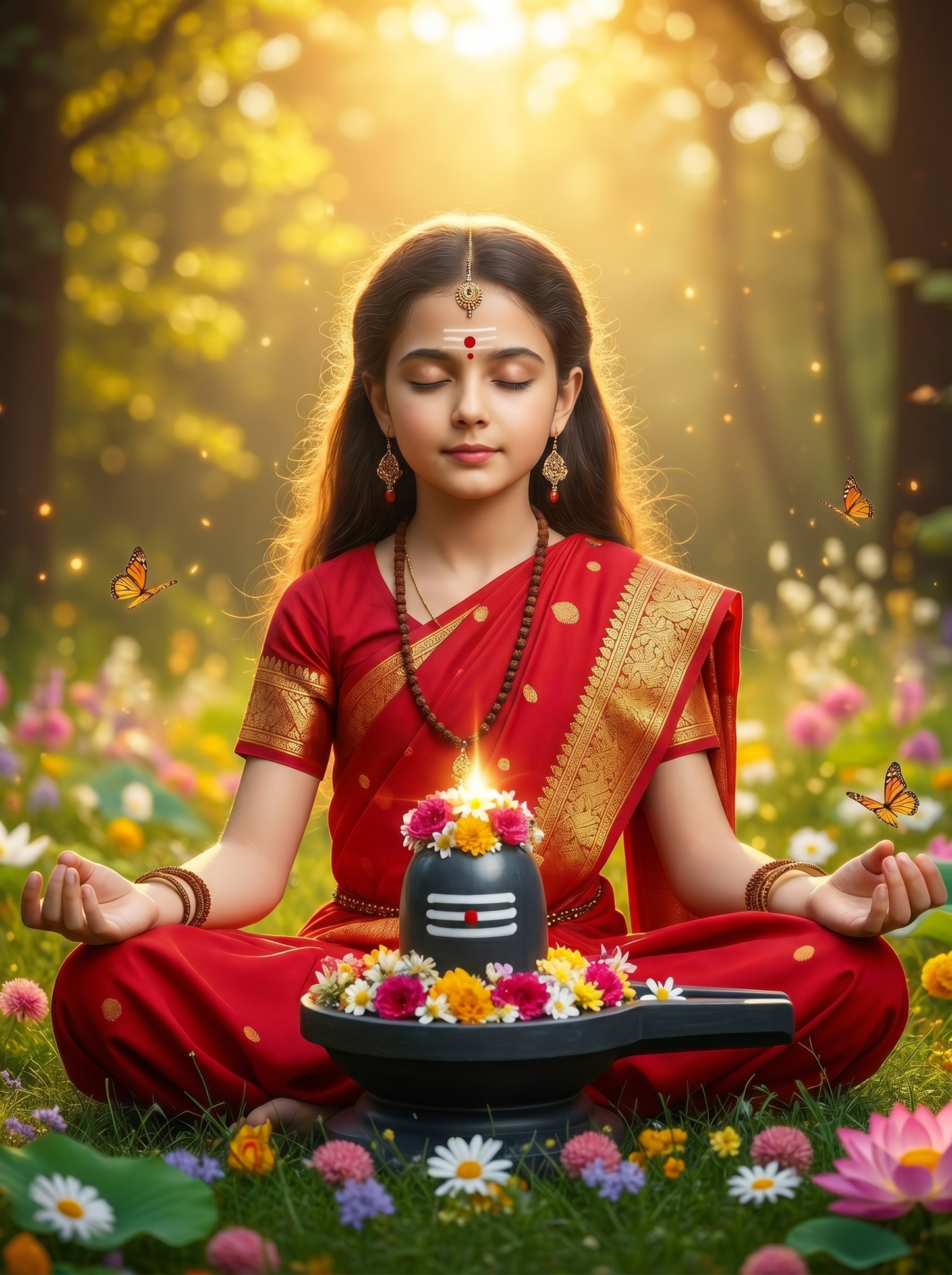 Young Girl Meditating Before Shiva Lingam in Flower Garden – Butterfly Forest Spiritual Premium Digital Art Print