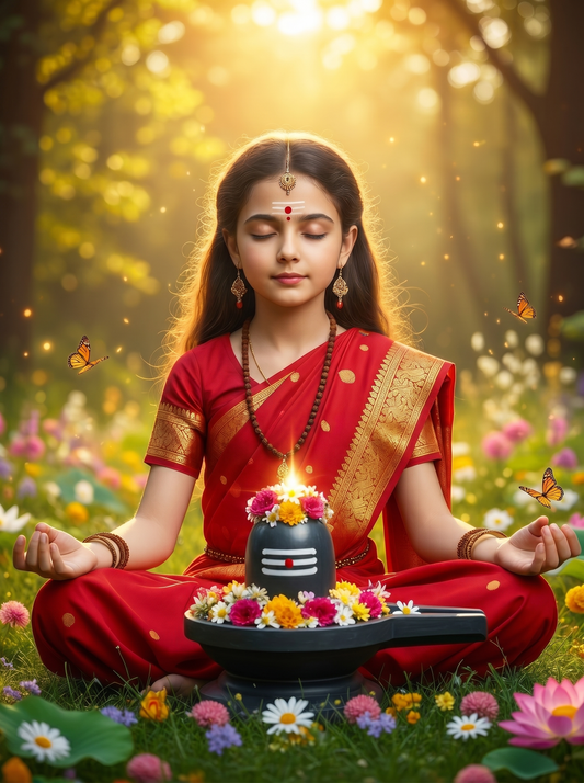Young Girl Meditating Before Shiva Lingam in Flower Garden – Butterfly Forest Spiritual Premium Digital Art Print