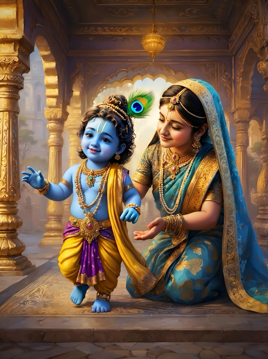 Baby Krishna Taking First Steps with Yashoda – Divine Toddler Moment in Golden Palace Premium Digital Art Print