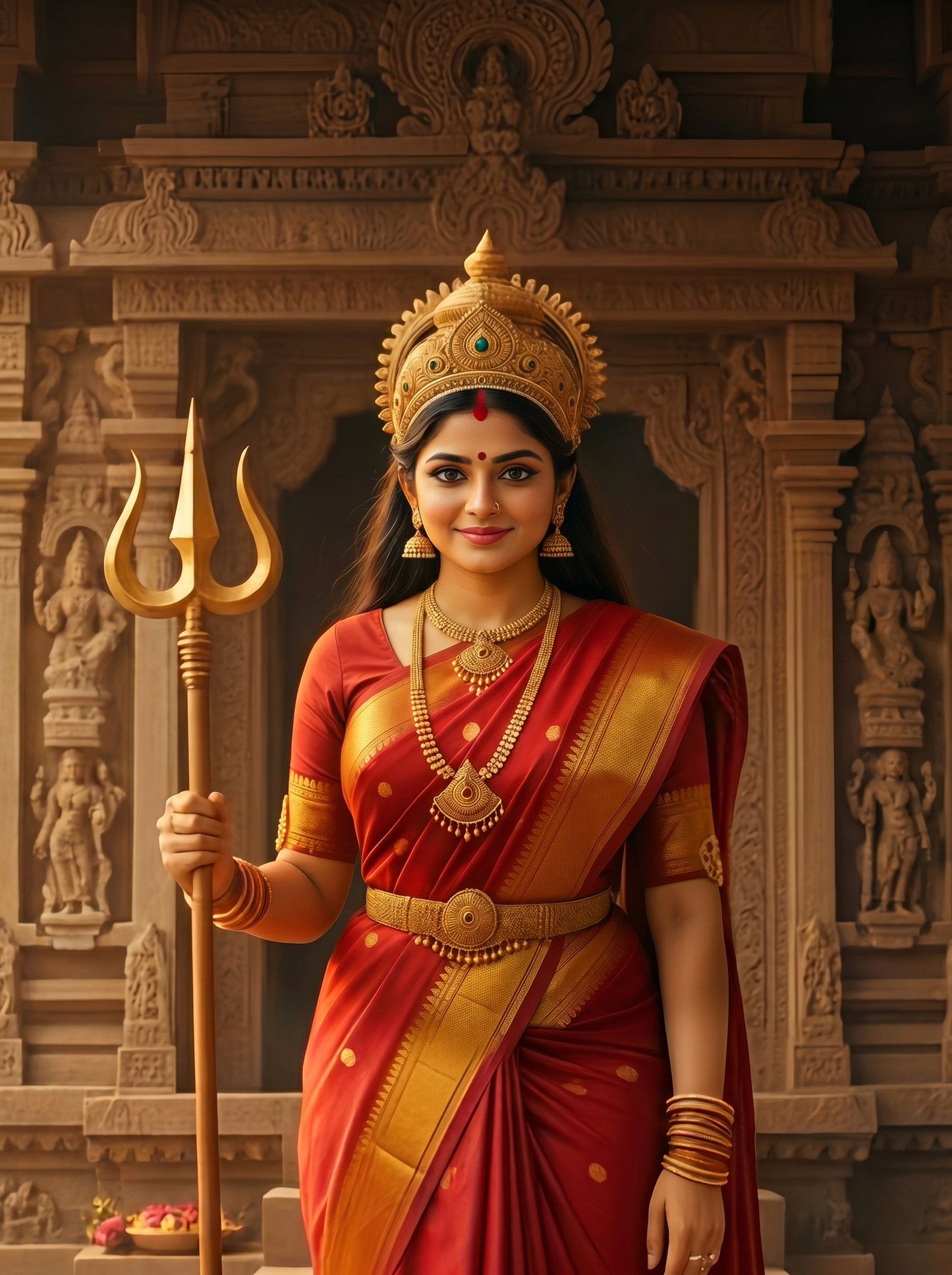 Goddess Durga with Golden Trishul Before Ancient Temple – Divine Shakti Power Premium Digital Art Print