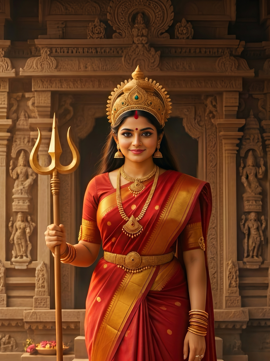Goddess Durga with Golden Trishul Before Ancient Temple – Divine Shakti Power Premium Digital Art Print