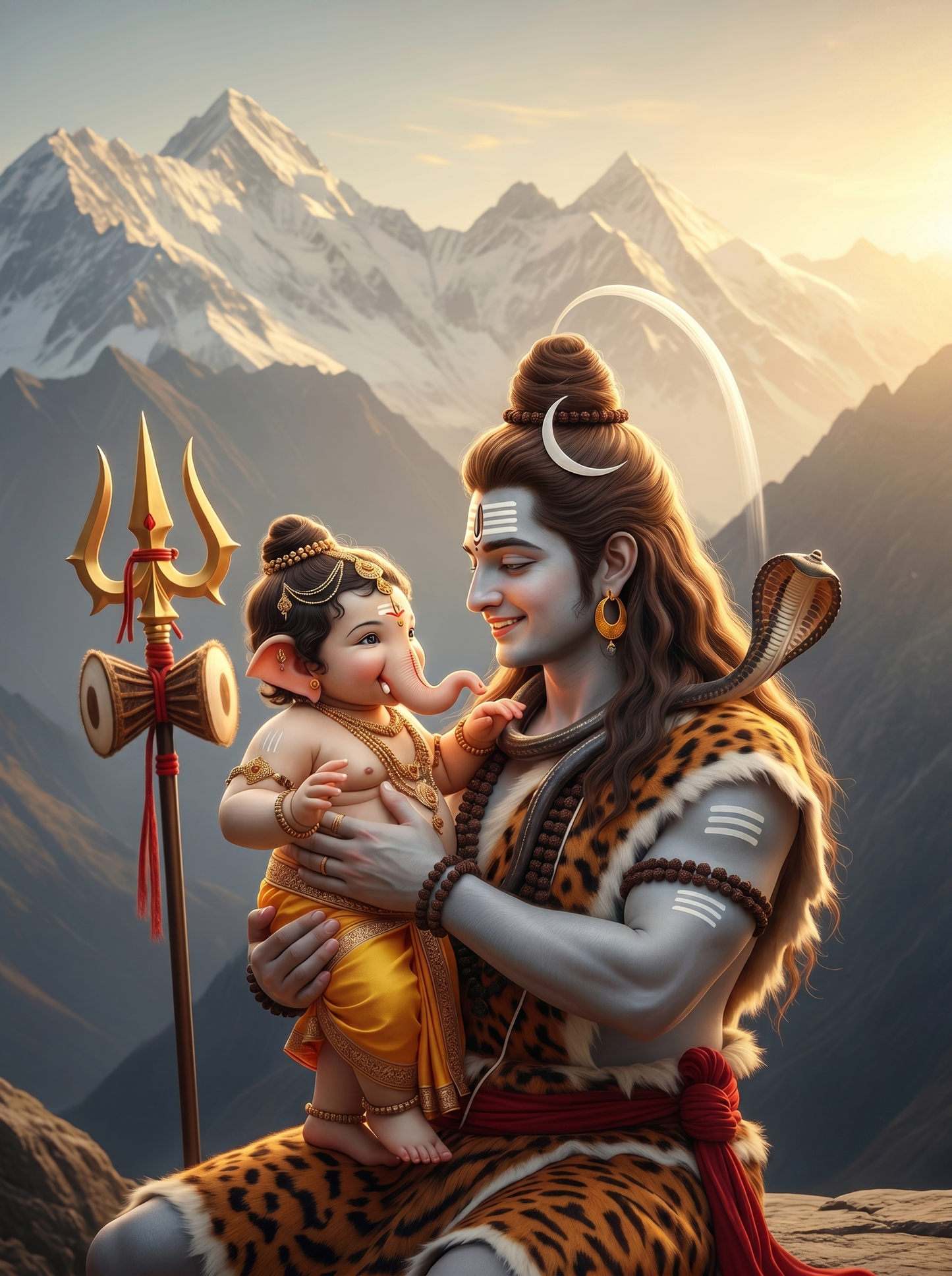 Lord Shiva Holding Baby Ganesha on Himalayan Summit – Divine Father & Son Bond Premium Digital Art Print