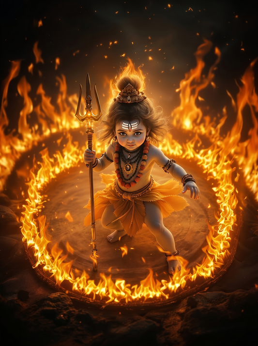 Baby Shiva Standing in Ring of Fire with Trishul – Fierce Divine Power Premium Digital Art Print