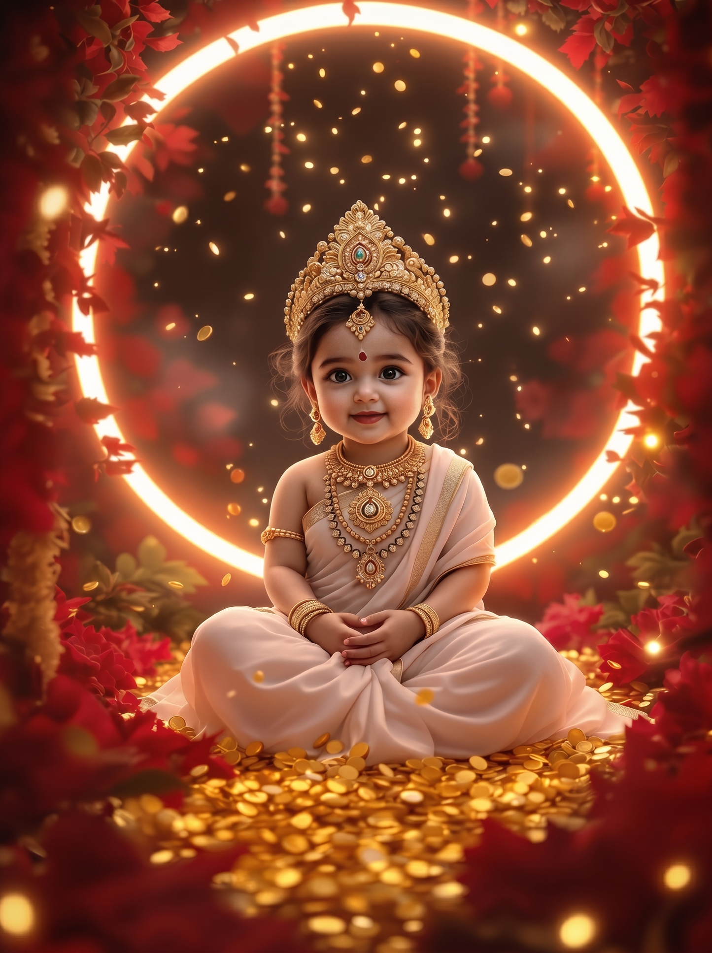Baby Goddess Lakshmi Sitting on Gold Coins with Glowing Divine Halo – Red Flower Garden Premium Digital Art Print