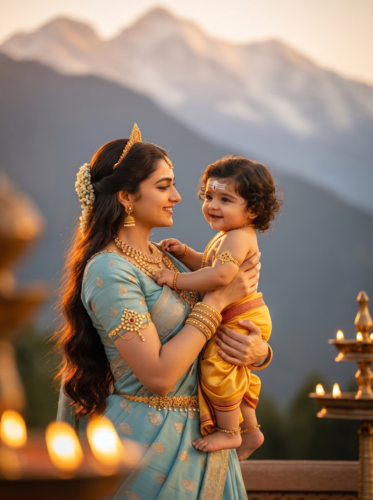 Parvati Lifting Baby Murugan at Himalayan Sunset with Glowing Diyas – Divine Mother's Joy Premium Digital Art Print