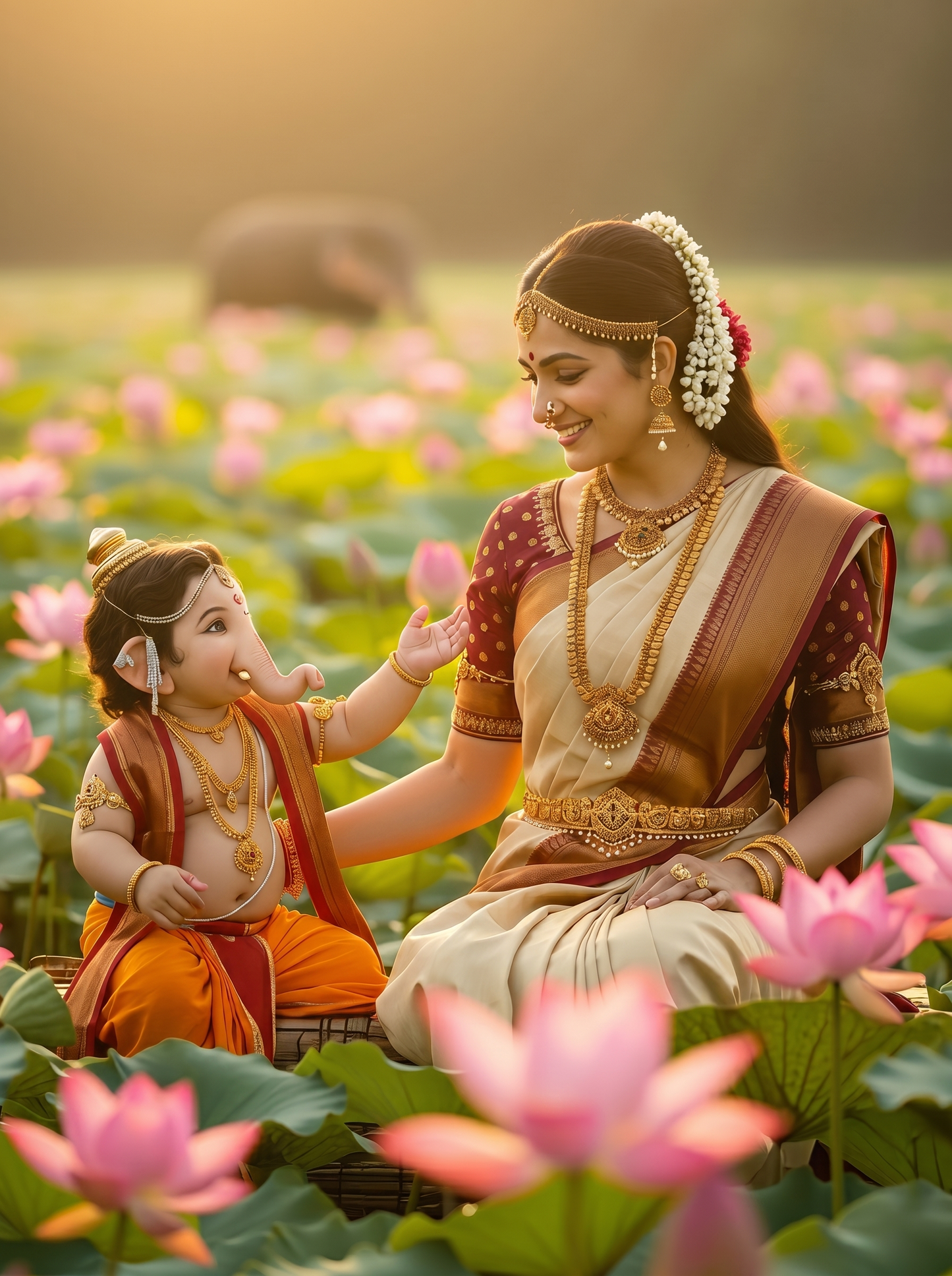 Parvati & Baby Ganesha in Blooming Pink Lotus Field – Golden Sunrise Divine Bond Premium Digital Art Print