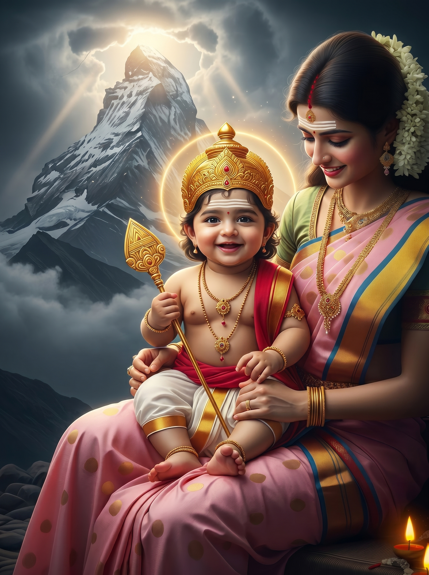 Parvati Holding Smiling Baby Murugan on Himalayan Peak with Divine Halo – Sacred Love Premium Digital Art Print
