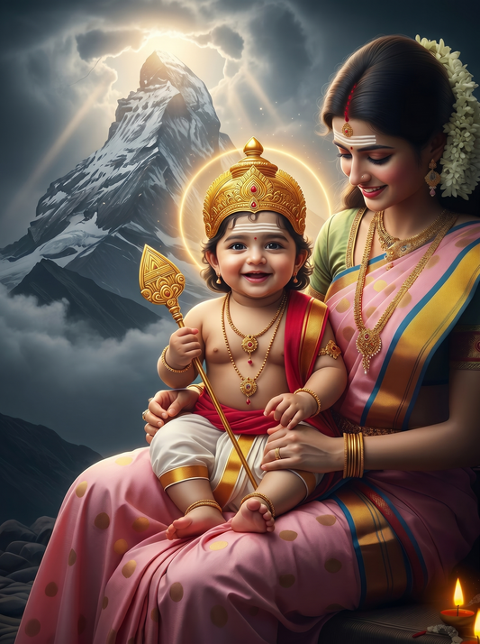 Parvati Holding Smiling Baby Murugan on Himalayan Peak with Divine Halo – Sacred Love Premium Digital Art Print