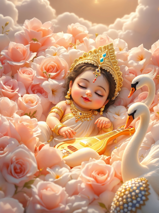 Baby Saraswati Sleeping with Golden Veena Among Peach Roses – White Swan Celestial Sky Premium Digital Art Print
