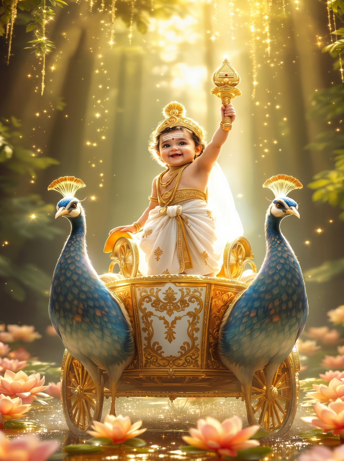 Baby Murugan Riding Twin Peacock Golden Chariot Through Enchanted Forest – Victory Celebration Premium Digital Art Print