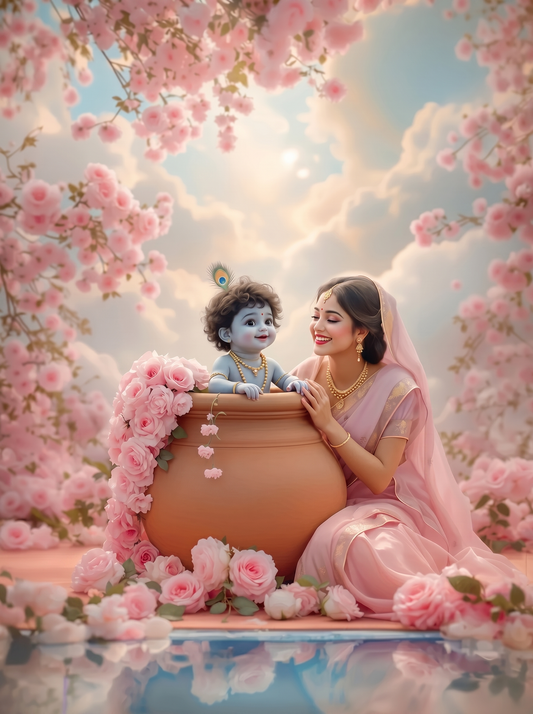 Yashoda & Baby Krishna in Rose-Adorned Matki – Pink Blossom Garden Premium Digital Art Print