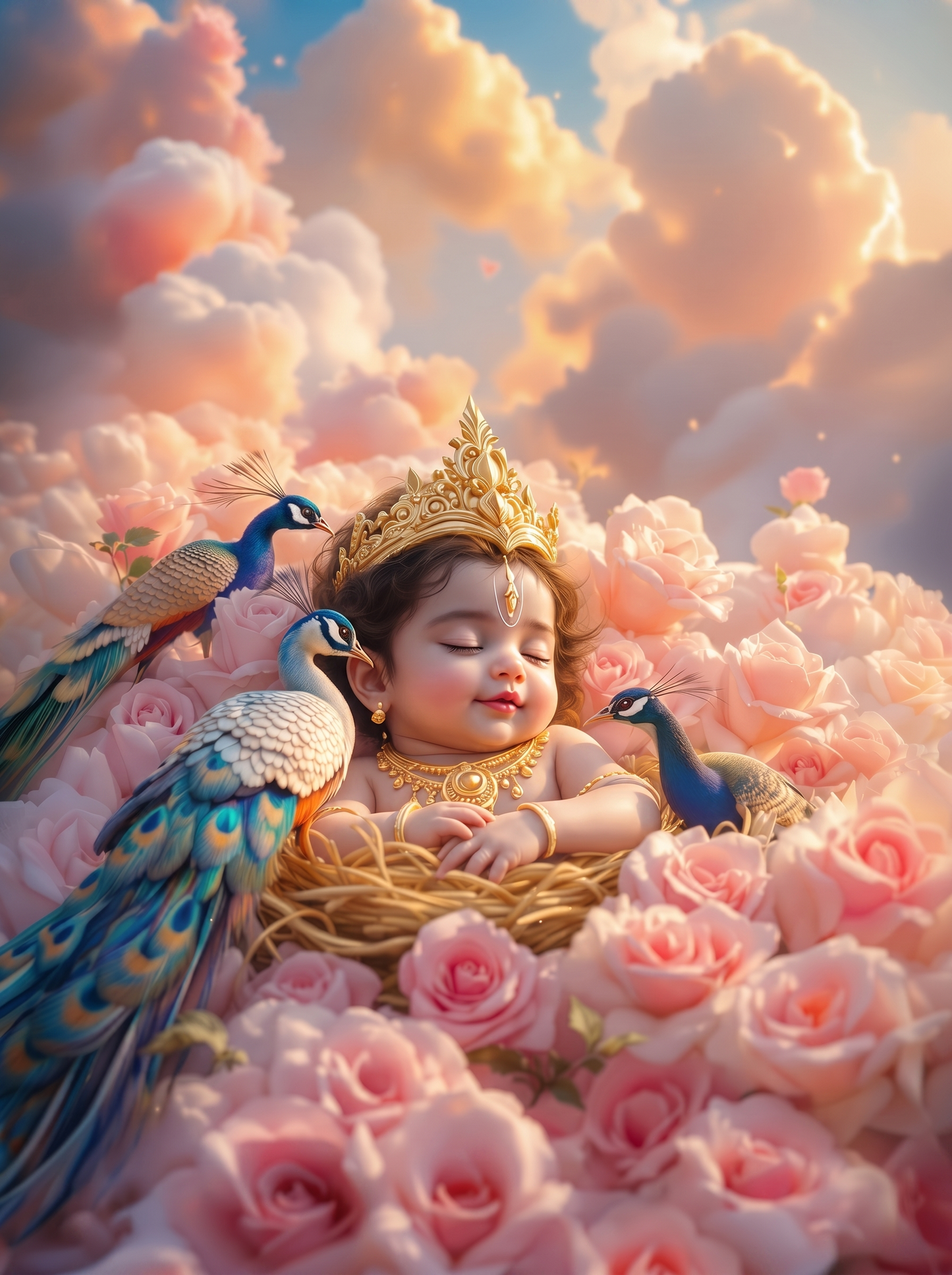 Baby Murugan Sleeping in Golden Nest with Twin Peacocks – Pink Rose Cloud Heaven Premium Digital Art Print