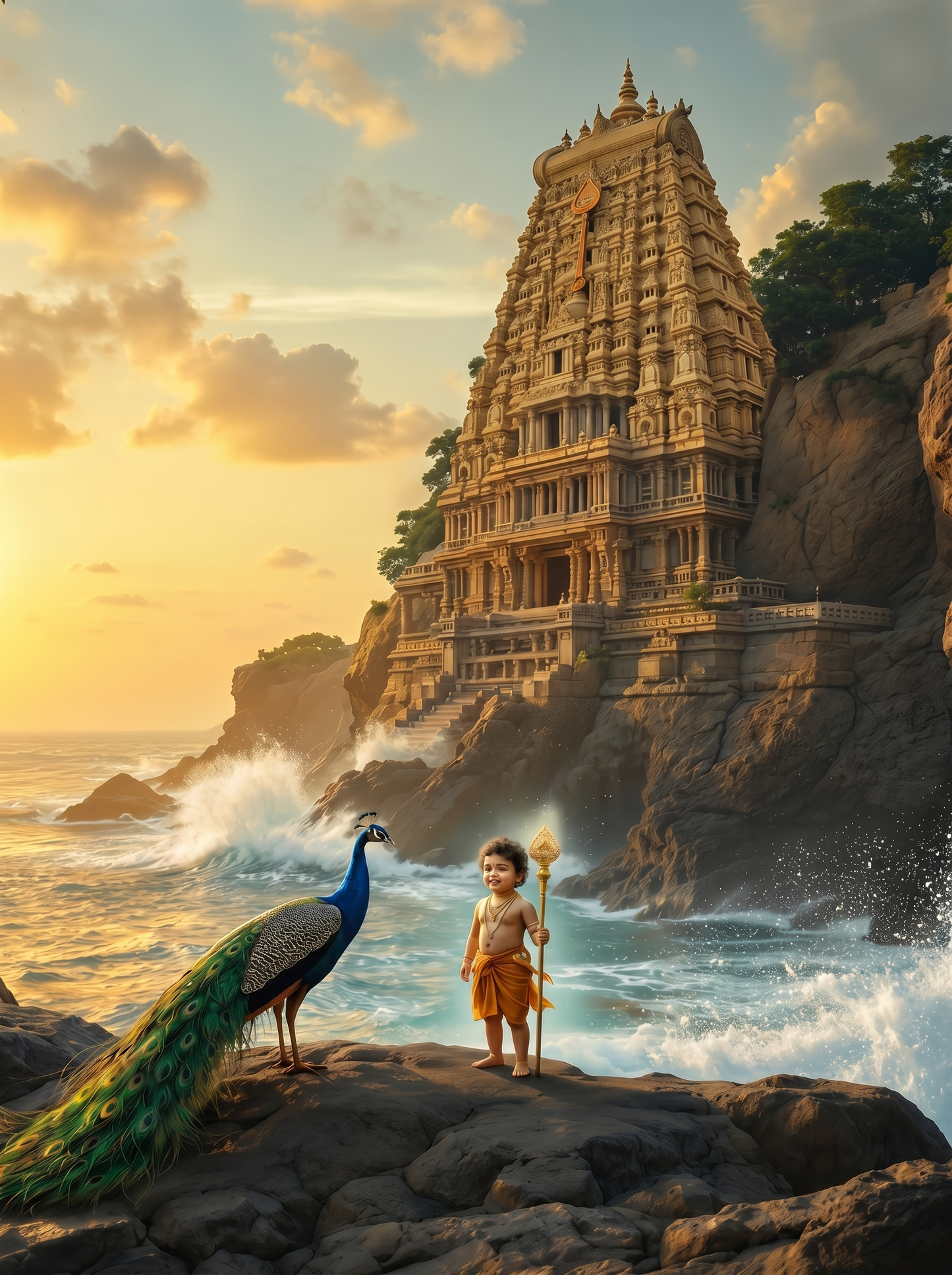 Baby Murugan & Peacock Standing Before Coastal Clifftop Temple – Ocean Sunset Premium Digital Art Print