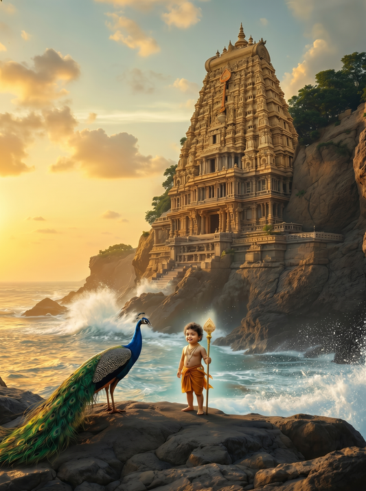 Baby Murugan & Peacock Standing Before Coastal Clifftop Temple – Ocean Sunset Premium Digital Art Print