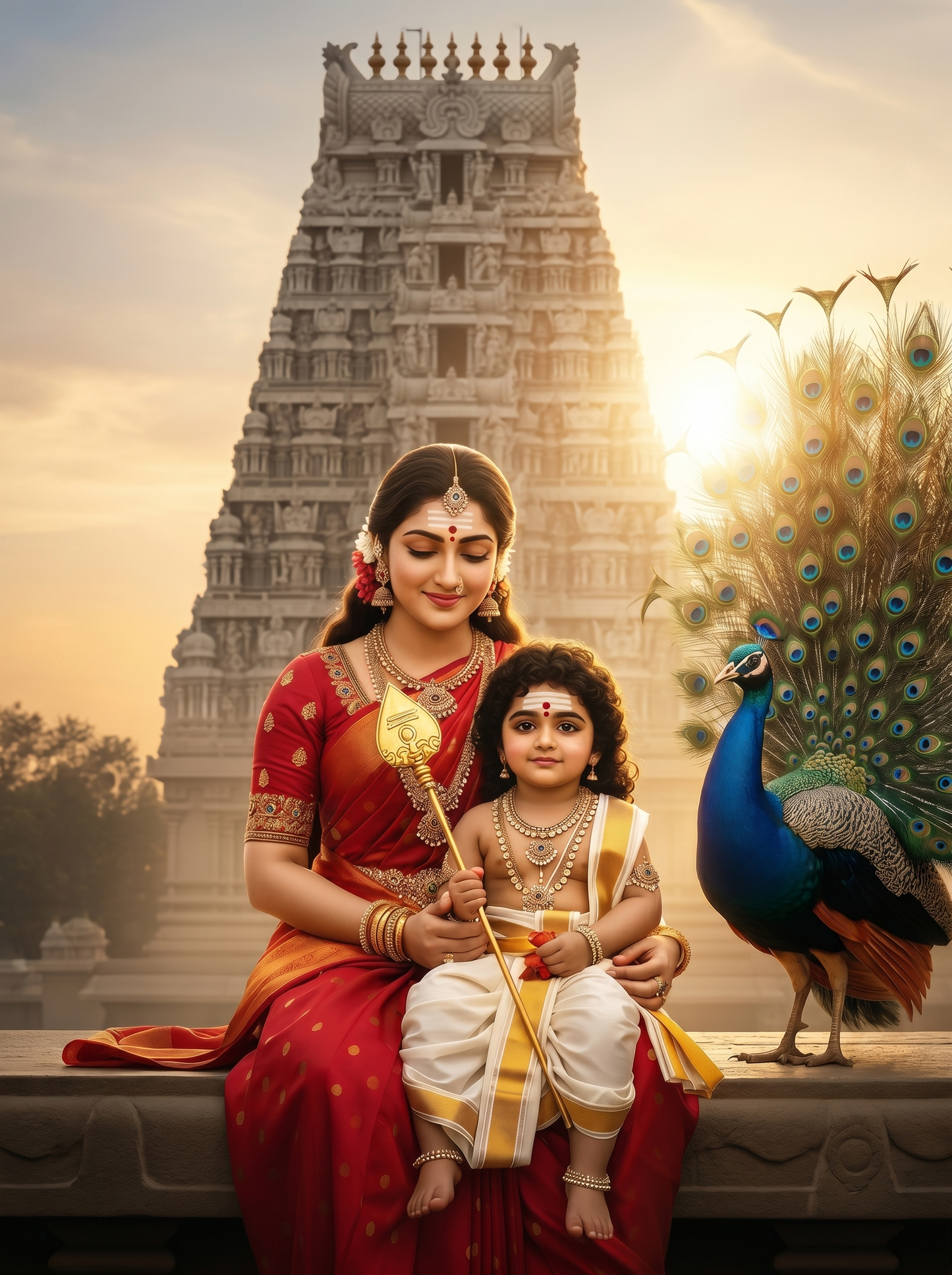 Parvati Sitting with Young Murugan & Peacock Before South Indian Gopuram – Golden Sunset Temple Premium Digital Art Print