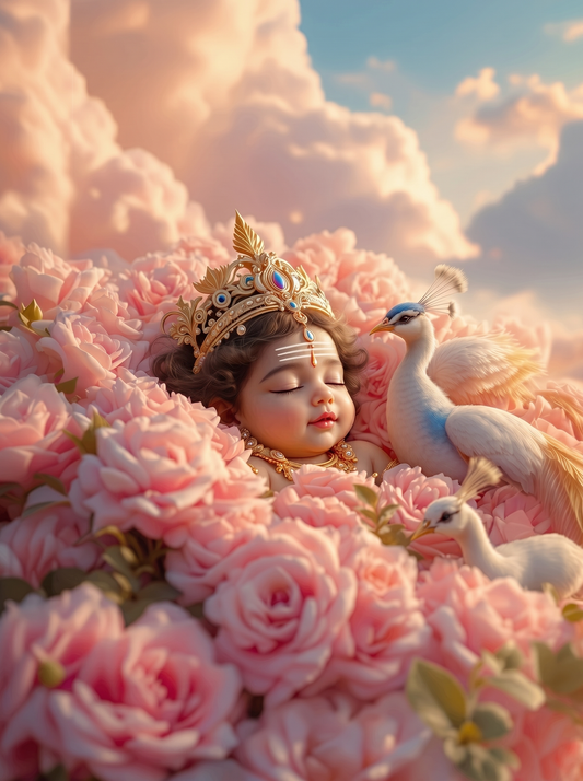 Baby Murugan Sleeping in Pink Rose Heaven with White Peacocks – Pastel Cloud Sky Premium Digital Art Print
