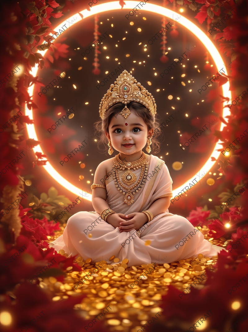 Baby Goddess Lakshmi Sitting on Gold Coins with Glowing Divine Halo – Red Flower Garden Premium Digital Art Print