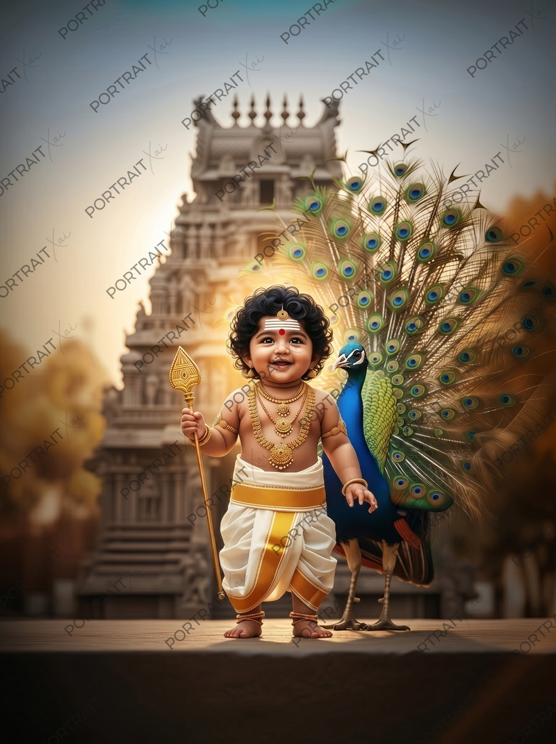 Parvati Offering Modak to Tiny Baby Ganesha in Lotus Garden – Golden Sunset Premium Digital Art Print