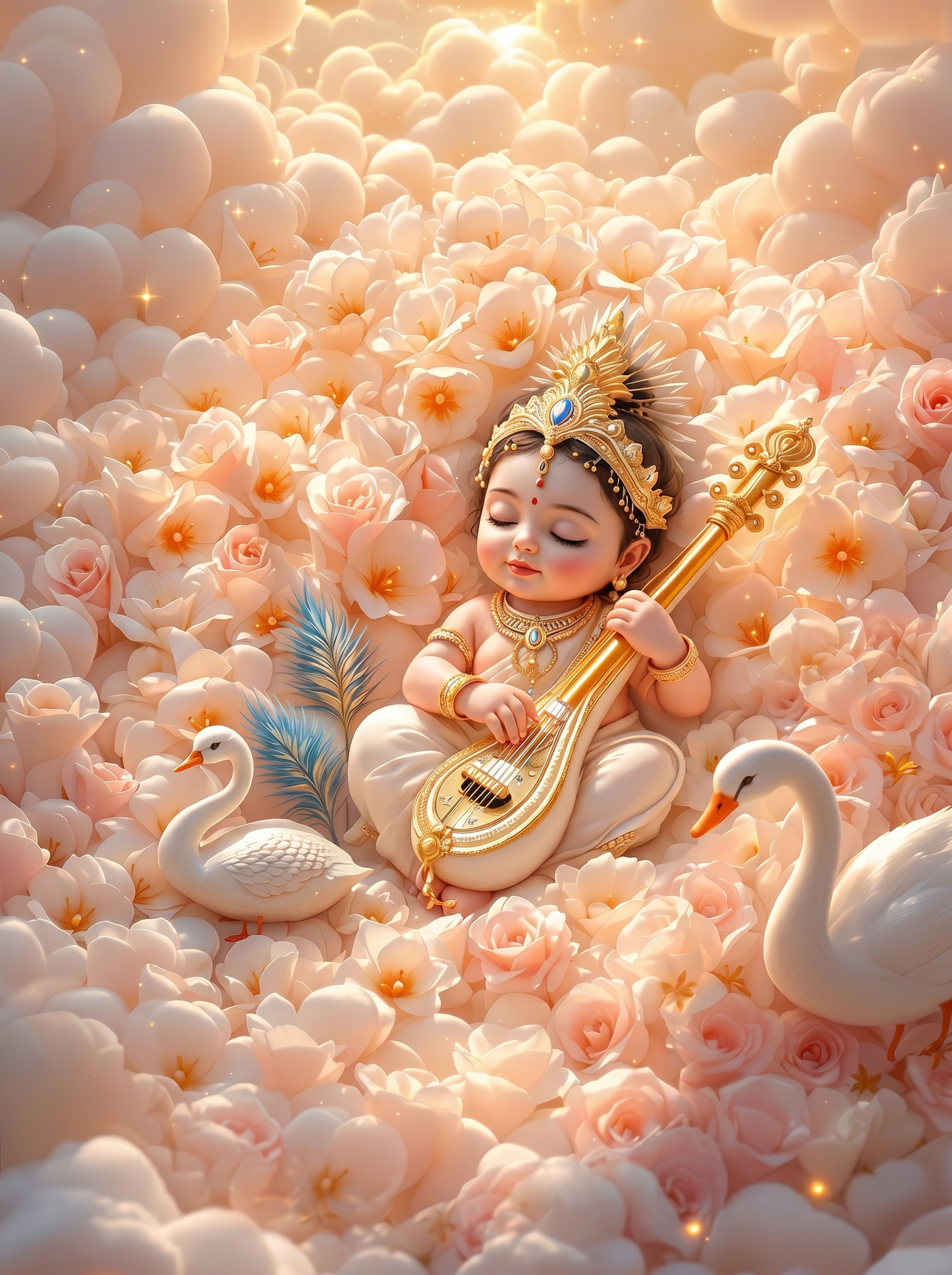 Baby Saraswati Sleeping with Golden Veena Among Cream & Peach Blossoms – Twin Swan Celestial Garden Premium Digital Art Print