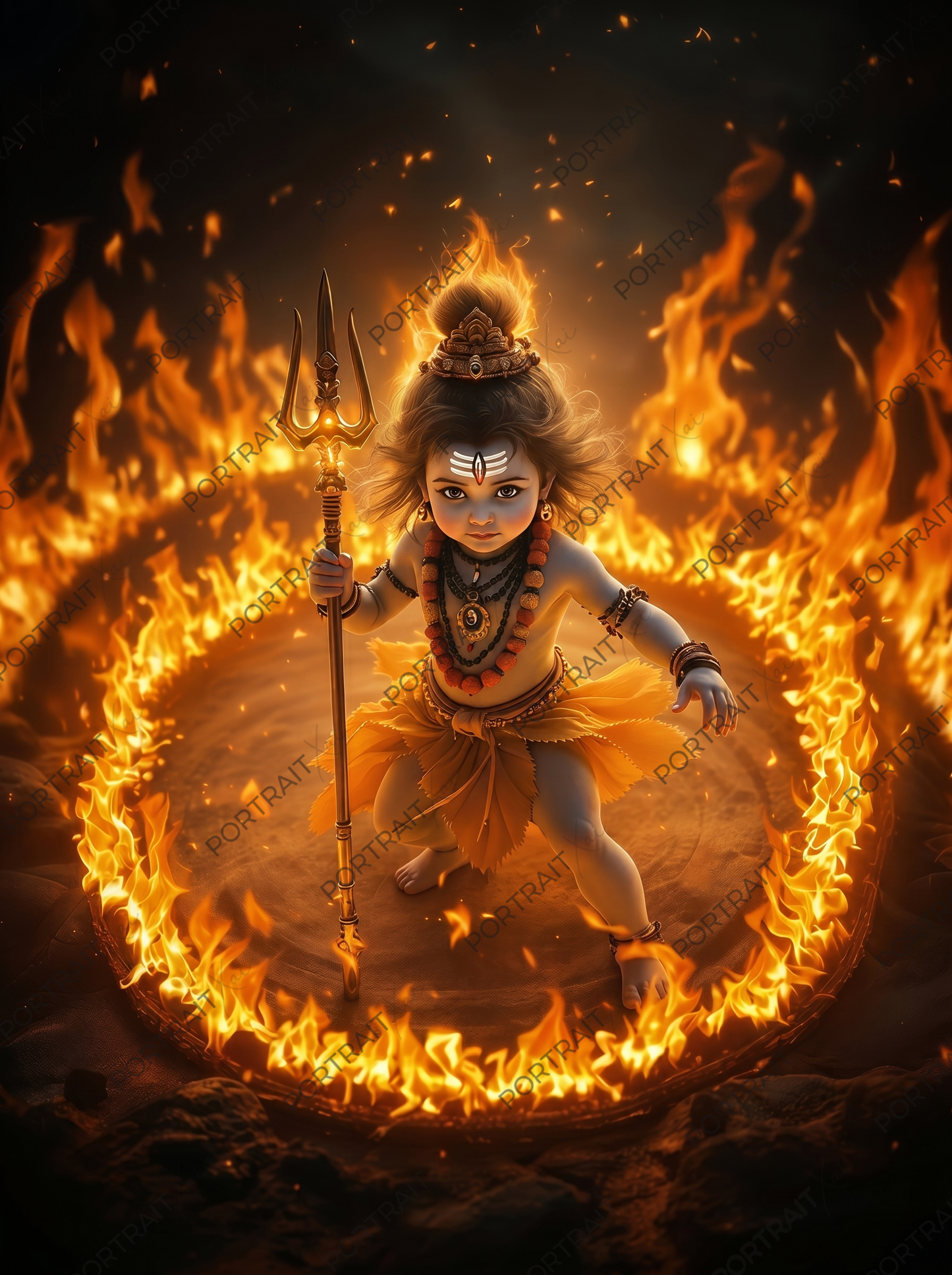 Baby Shiva Standing in Ring of Fire with Trishul – Fierce Divine Power Premium Digital Art Print