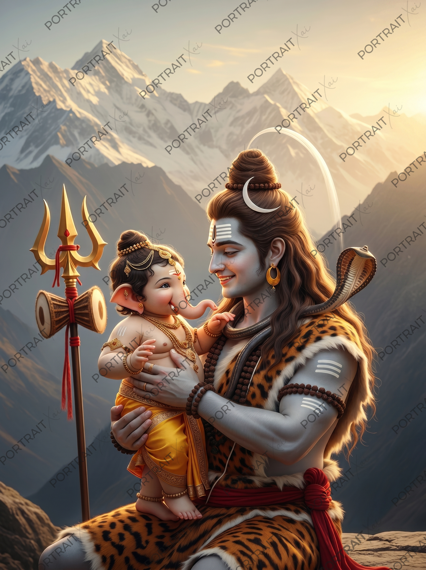 Lord Shiva Holding Baby Ganesha on Himalayan Summit – Divine Father & Son Bond Premium Digital Art Print