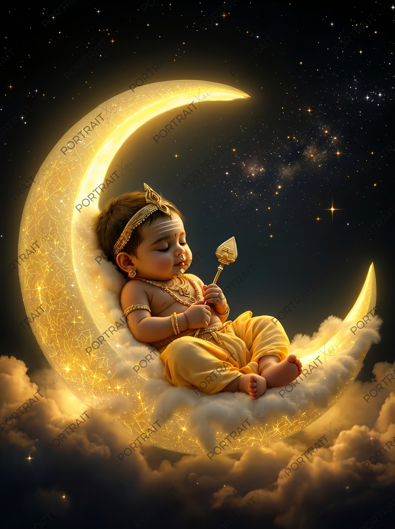 Baby Murugan Dozing on Golden Crescent Moon with Vel – Milky Way Night Sky Premium Digital Art Print