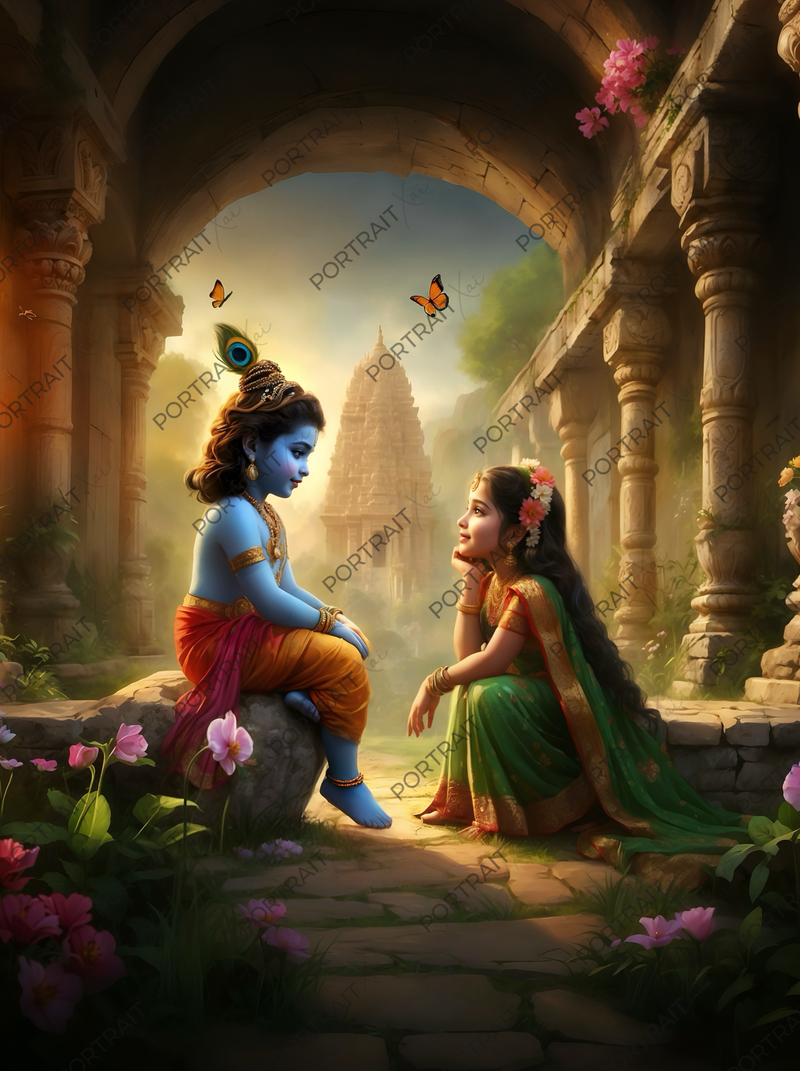 Krishna & Radha in Secret Temple Garden Conversation – Divine Stolen Moment Premium Digital Art Print
