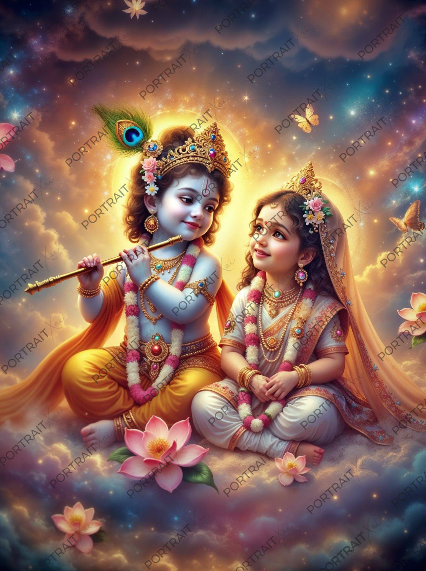 Radha Krishna Seated on Celestial Clouds with Flute & Lotuses – Cosmic Divine Love Premium Digital Art Print
