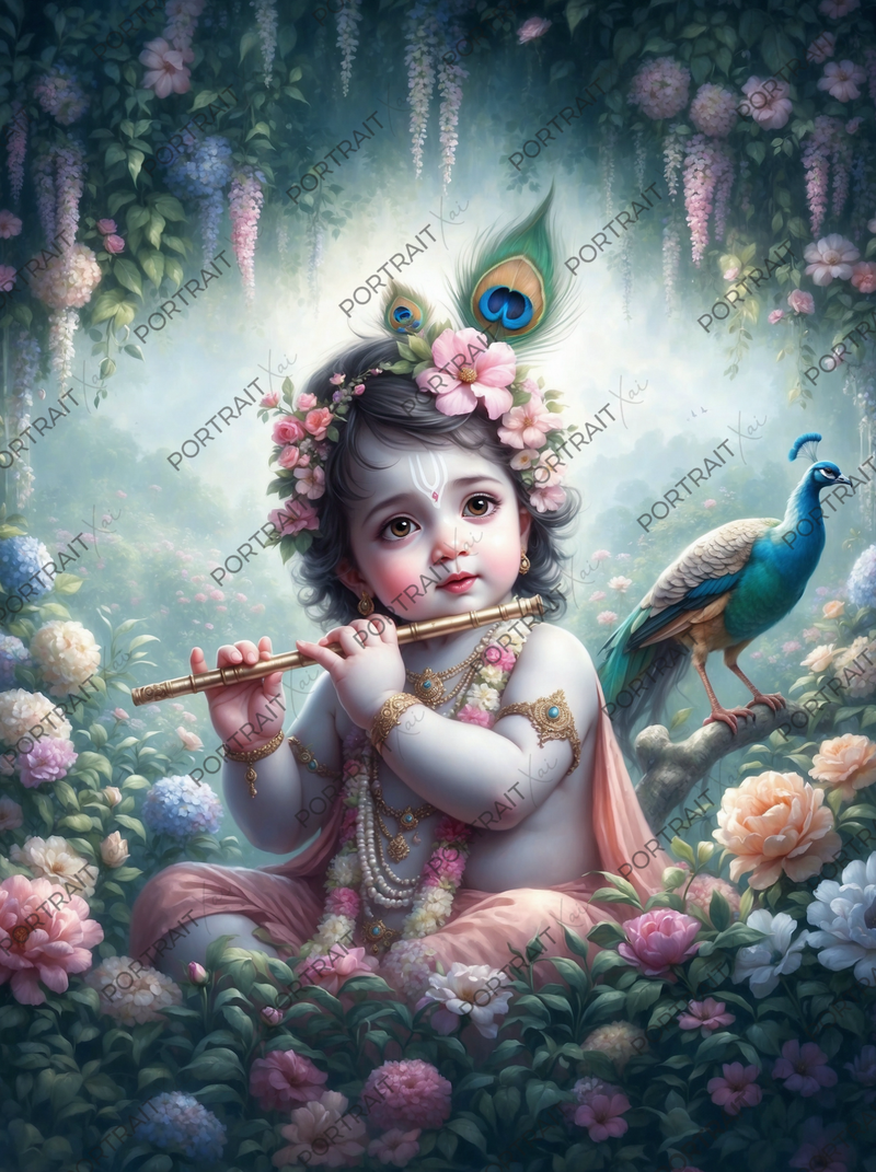 Baby Krishna Playing Flute in Enchanted Flower Garden with Peacock – Pastel Dream Premium Digital Art Print