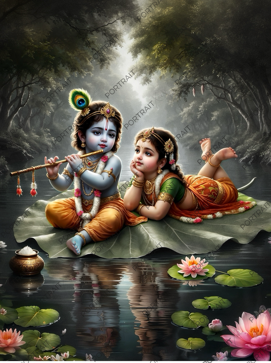 Baby Radha Krishna on Lotus Leaf in Mystical Forest River – Divine Love Premium Digital Art Print