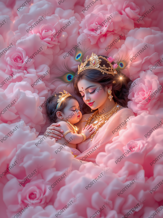 Yashoda & Baby Krishna Sleeping Together in Pink Rose Bed – Divine Mother's Embrace Premium Digital Art Print