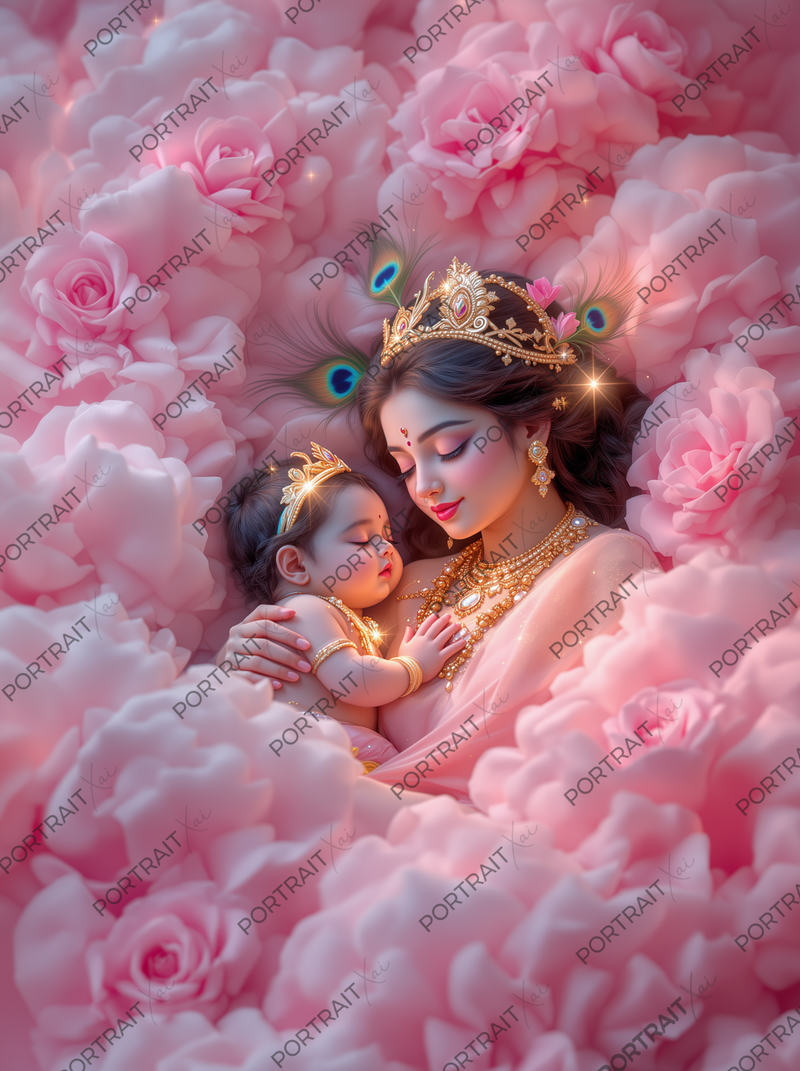 Yashoda & Baby Krishna Sleeping Together in Pink Rose Bed – Divine Mother's Embrace Premium Digital Art Print