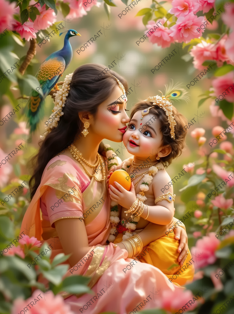 Yashoda Kissing Baby Krishna in Pink Flower Garden with Peacock – Pure Mother's Love Premium Digital Art Print