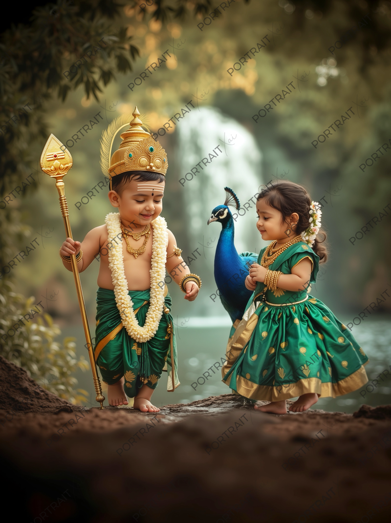 Baby Murugan & Valli by Waterfall with Peacock – Divine Childhood Love Premium Digital Art Print