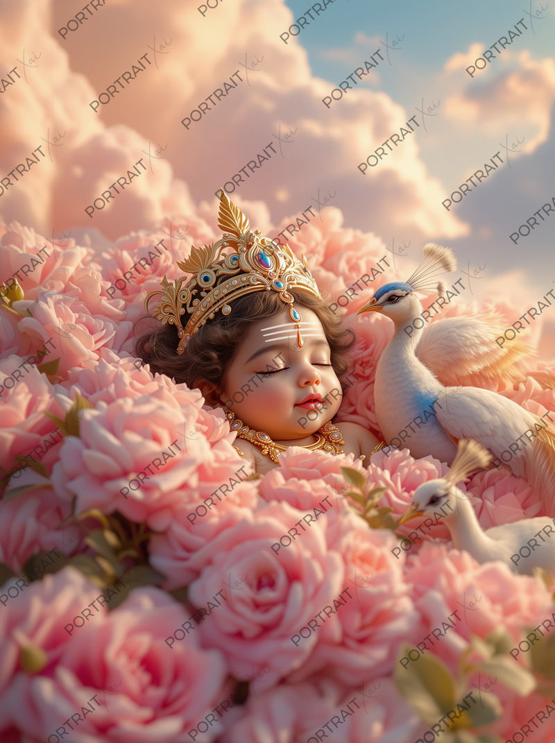 Baby Murugan Sleeping in Pink Rose Bed with White Peacock – Heavenly Bliss Premium Digital Art Print